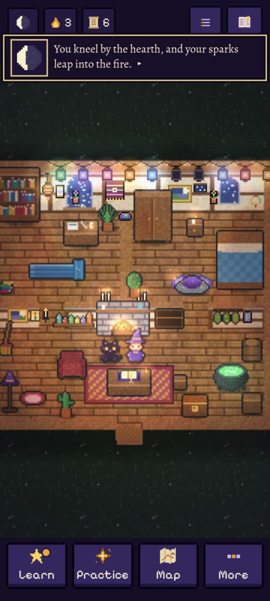 The cottage a month in: the witch and her black cat by a lit hearth, with shelves, lanterns and a bubbling cauldron