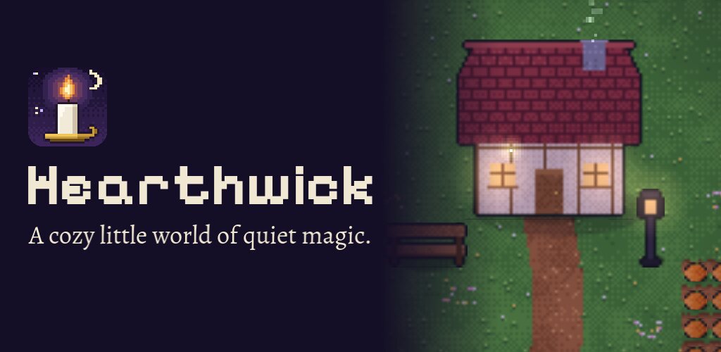 Hearthwick title art: a candle icon and the pixel wordmark beside a lit cottage at night