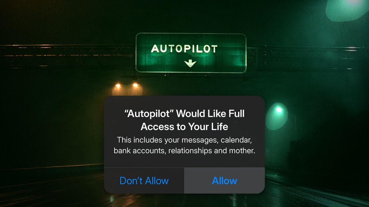 AUTOPILOT music video title card: a green motorway sign above a phone prompt asking for full access to your life