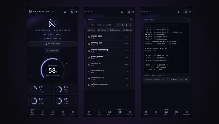 Nethric Deck on a phone: the home dashboard, the file browser and the shell, shown with demo data