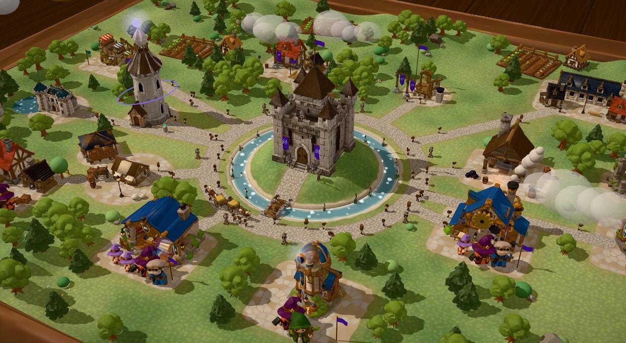 Nethric Kingdom as a tabletop miniature: a painted castle on a hill inside a wooden tray, ringed by a moat, with the Mage Tower, workshops and small worker figures around it, shown with demo data