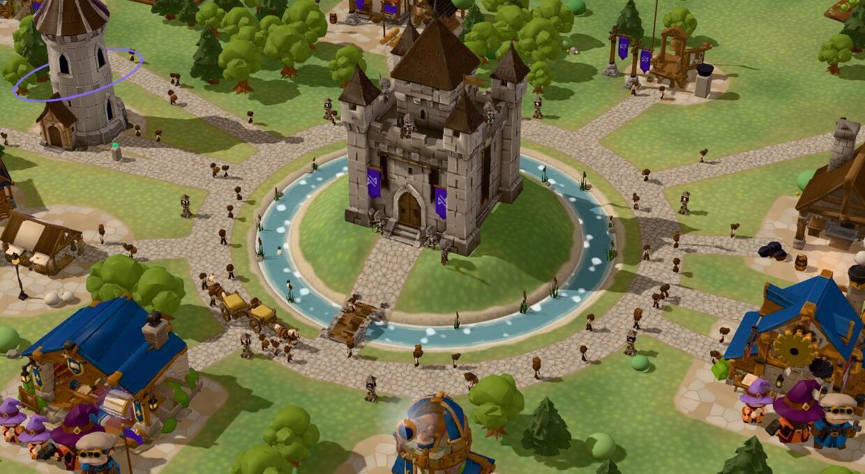 A closer look at the Kingdom diorama: the keep on its moated hill, workshops with small worker figures outside, a cart on the road and the Mage Tower in the corner, shown with demo data