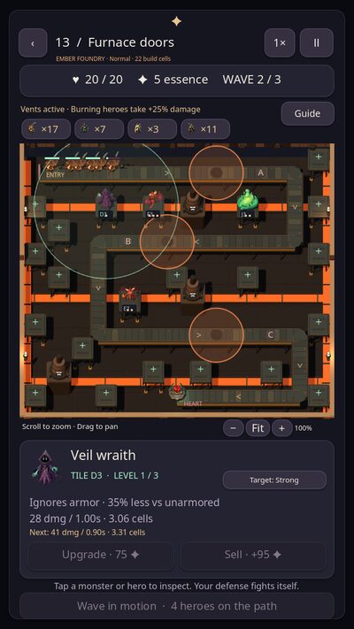 An Ember Foundry battle with defenders covering the intruders' route and the selected wraith's targeting controls below the board.