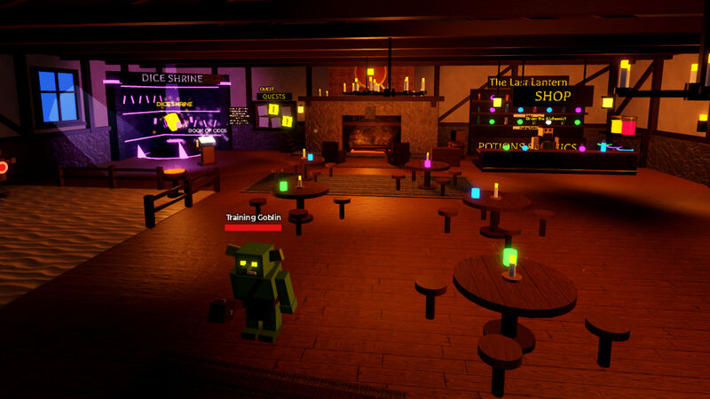 The Roblox hub tavern lit by candles, with the Dice Shrine, the quest board and the shop counter behind a training goblin